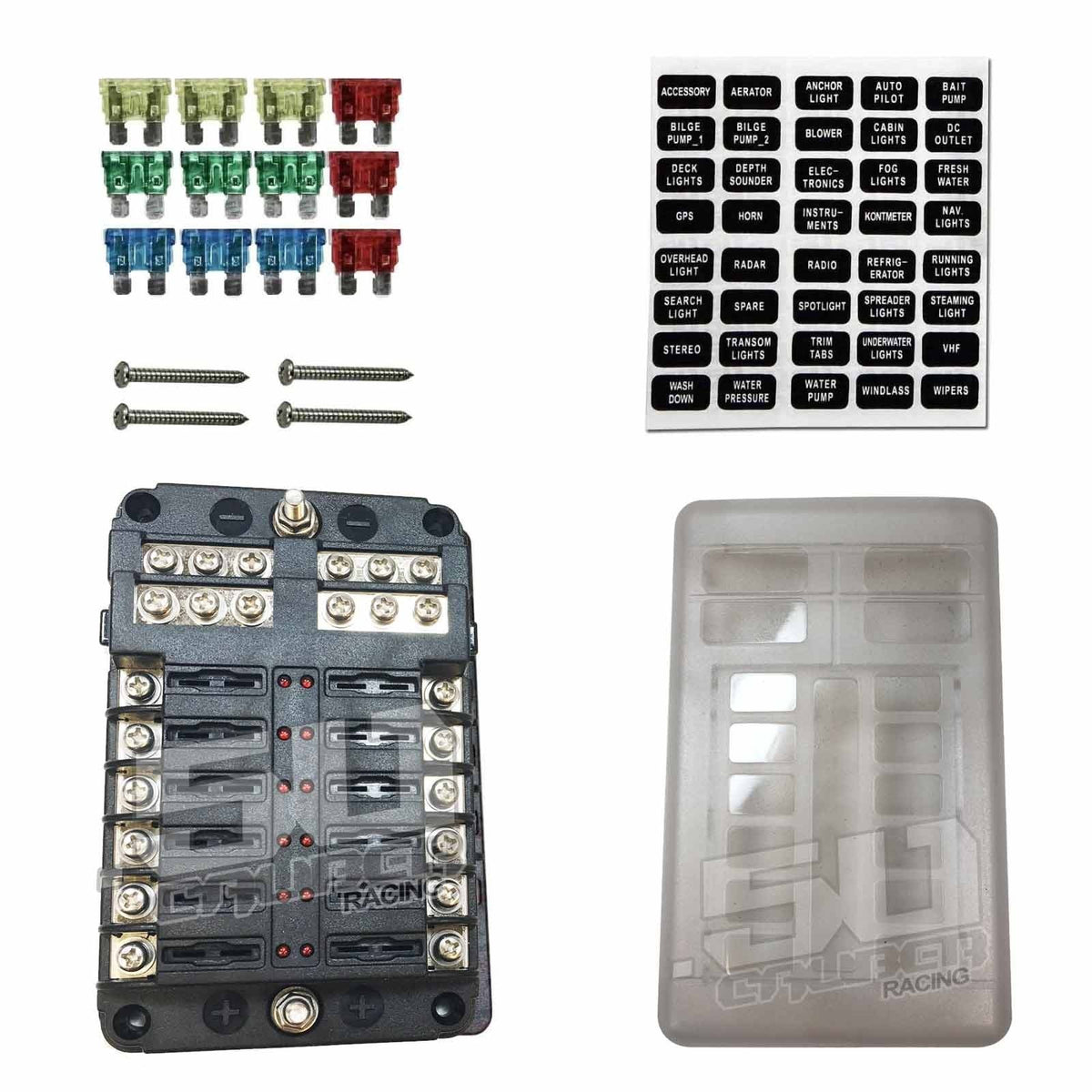 12 Way LED Circuit Screw Fuse Block with Ground Terminals